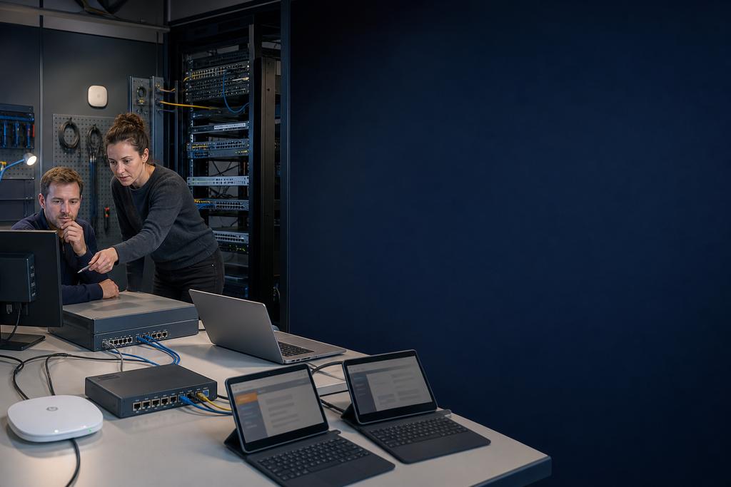 Illustratieve netwerkspecialisten die IPv4- en IPv6-adressen, DNS, routes, firewalls, cloudverbindingen en monitoring naast elkaar beheren