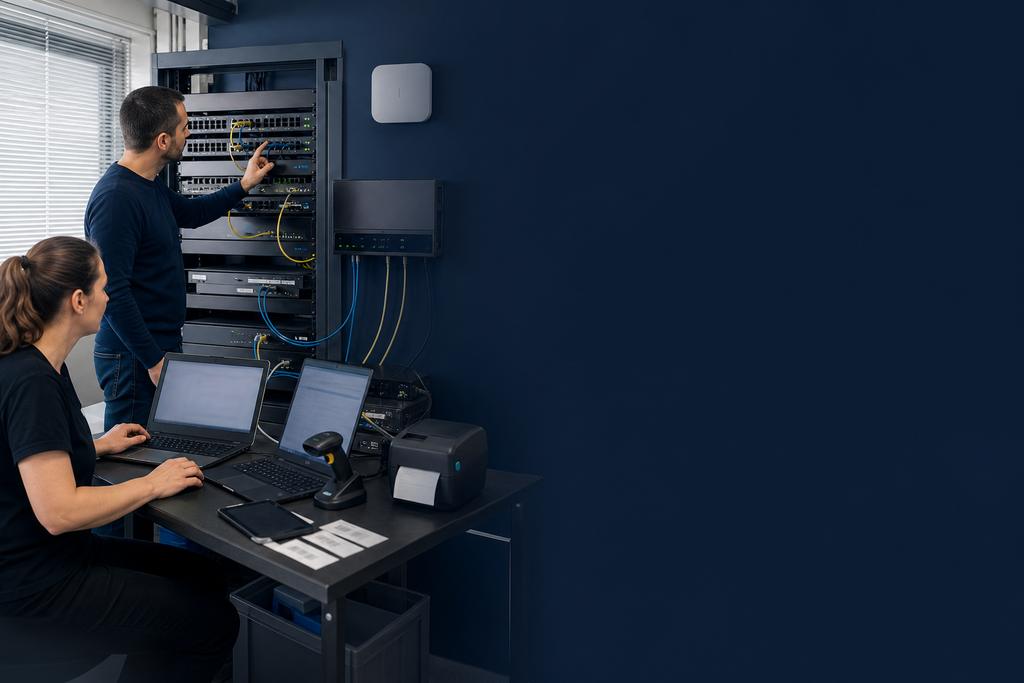Illustratieve ICT-specialisten die zakelijke WiFi, laptops, scanners, labelprinters, switches en de netwerkroute naar een bedrijfsapplicatie beheren