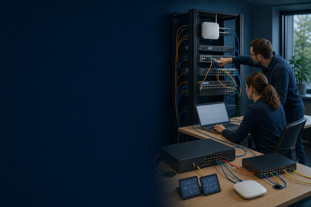 Illustratieve IT-securityspecialisten die persoonlijke beheeraccounts, server, firewall, logging, back-up en herstel als één dienstverlening controleren