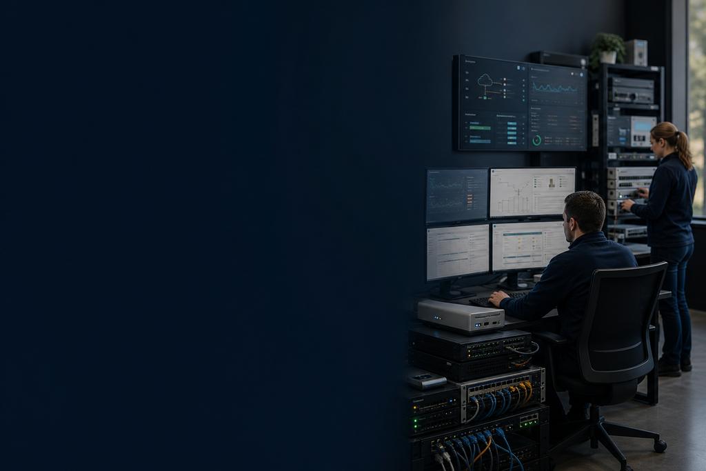 Illustratieve NDR- en netwerkbeveiligingsspecialisten die netwerkdekking, een veilige testverbinding, melding, onderzoek, gerichte firewallblokkade en vrijgave volgen