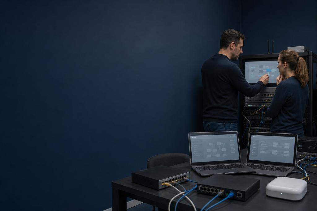 Illustratieve SD-WAN-specialisten die na een netwerkcrash centrale instellingen met lokale vestigingsroutes vergelijken