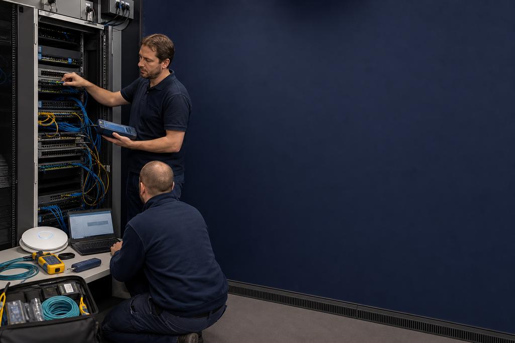 Illustratieve netwerkengineers die corehardware, voedingen en uplinks herstellen en een gecontroleerde overname testen