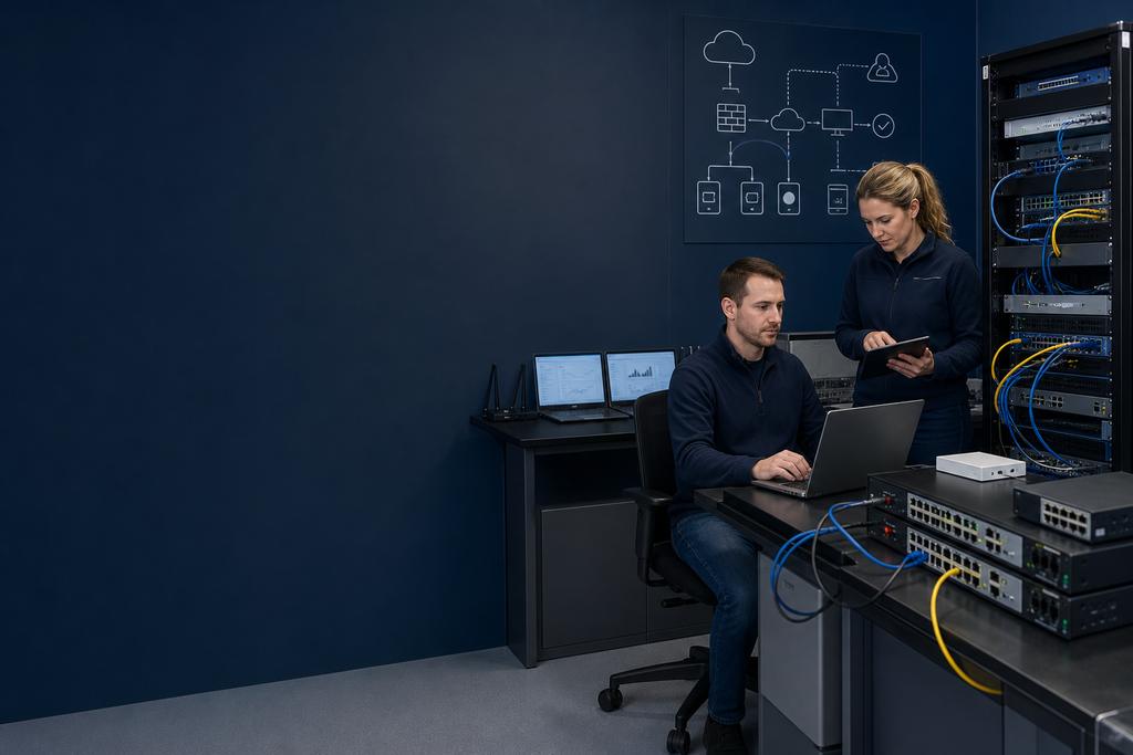 Illustratieve netwerkengineers die primaire en reserveapparatuur, quorum, capaciteit en gecontroleerde failover voor herstel testen
