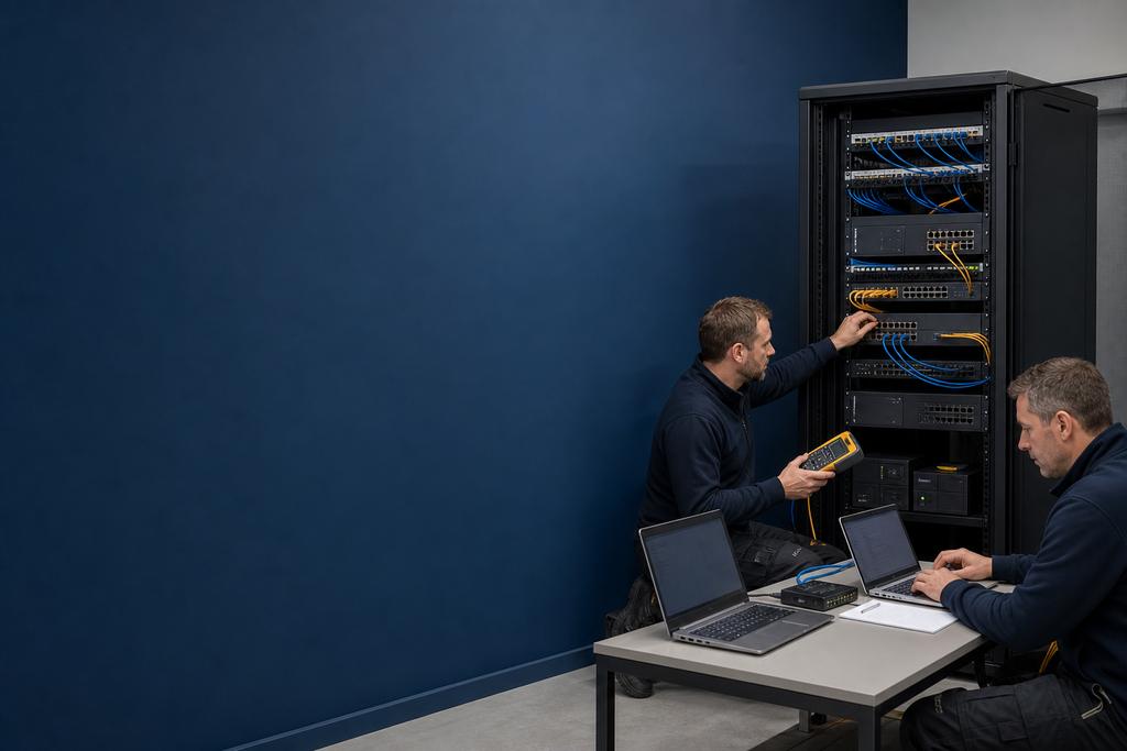 Illustratieve netwerkengineer en installatiespecialist die een switch-installatie, uplinks, beheer, praktijktest en overdracht accepteren