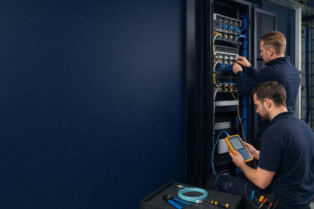 Illustratieve ICT-installateurs die zakelijke bekabeling, patchpanelen, switches, meetapparatuur en de oplevering van een bedrijfsnetwerk controleren