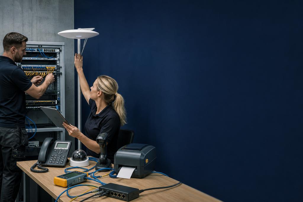 Illustratieve netwerk- en WiFi-installateurs die een PoE-switch, accesspoint, telefoon, camera, scanner, bekabeling en stroommeting controleren
