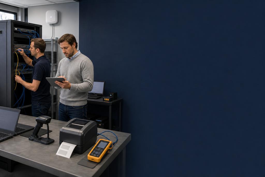 Illustratieve ICT-installateurs die bekabeling, WiFi, switch, printer, scanner en werkplekverbindingen gezamenlijk testen
