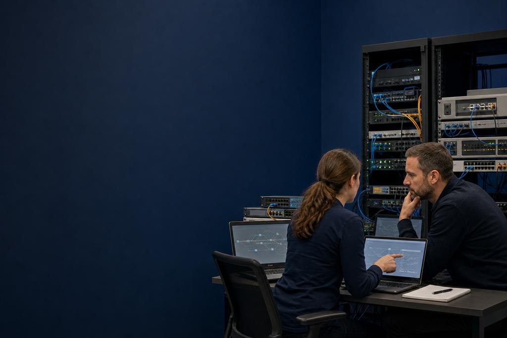 Illustratieve netwerk- en cloudengineers die wisselende private DNS-, tunnel-, gateway-, peering- en cloudroutes onderzoeken