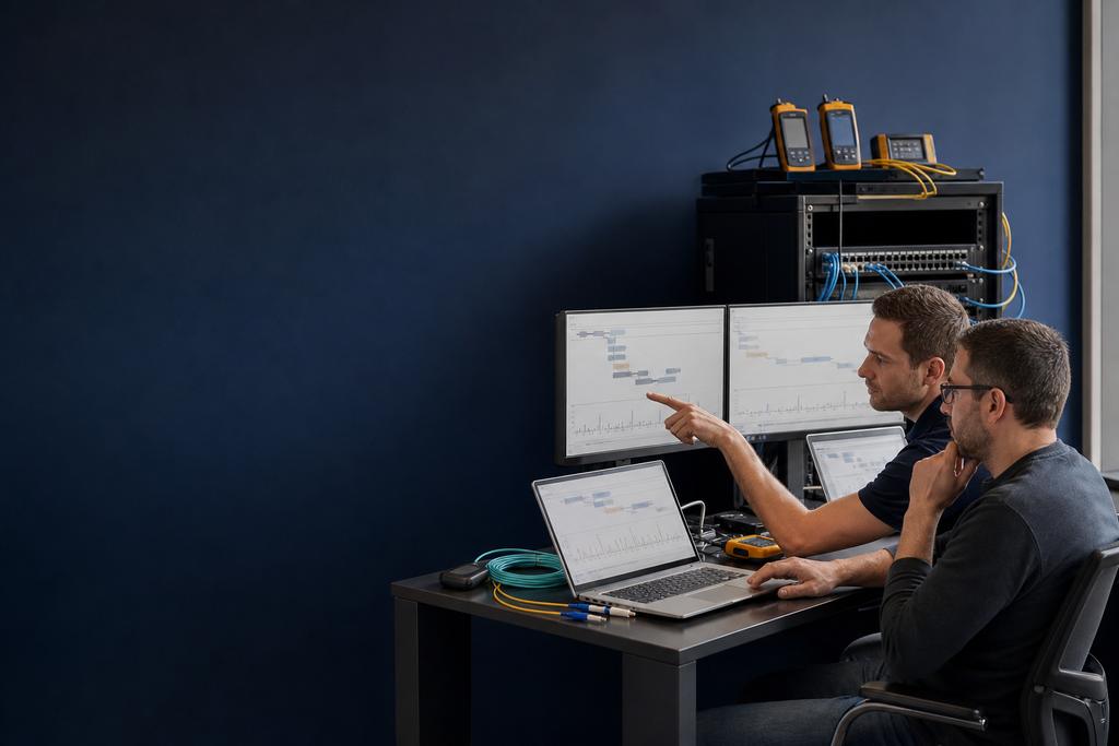 Illustratieve netwerkengineer en medewerker die de wachttijd van een zakelijke taak door werkplek, netwerk en applicatie verdelen