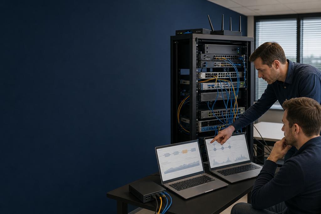 Illustratieve netwerk- en cloudengineers die tunnel, private DNS, peering, endpoint en applicatietijd in beide richtingen meten