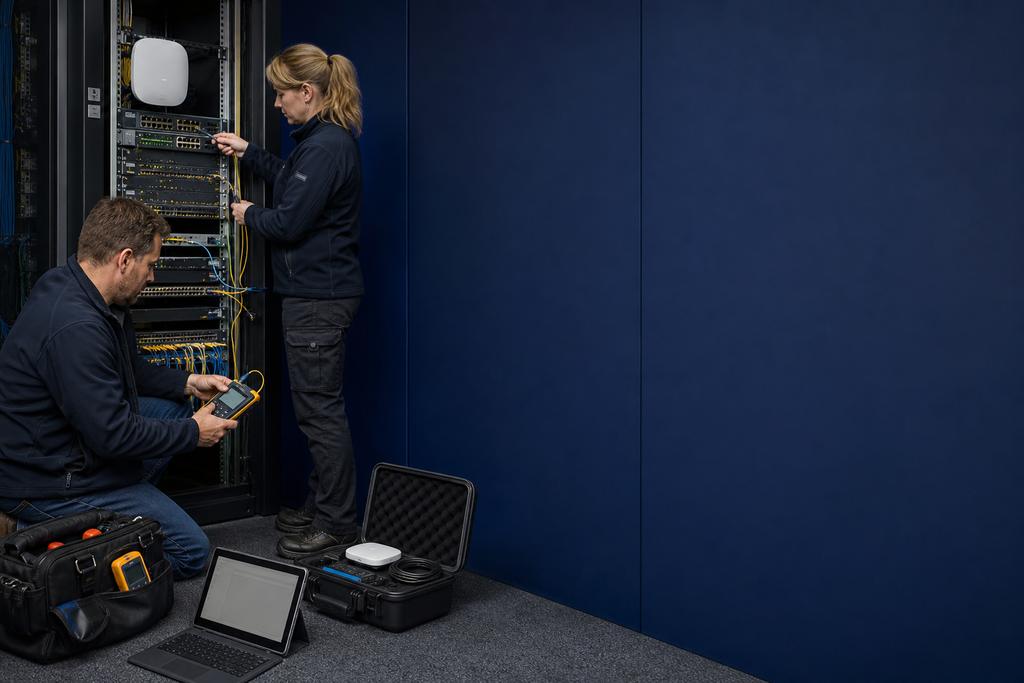 Illustratieve netwerkengineers die bij noodhulp een falende switchmodule isoleren en één gecontroleerde reserveverbinding activeren