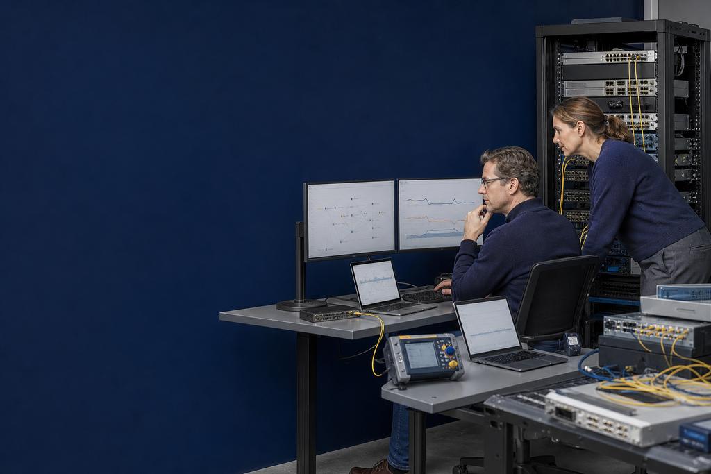 Illustratieve netwerkspecialisten die koper, glasvezel, optische modules en switchpoorten meten en een verbinding gericht verbeteren