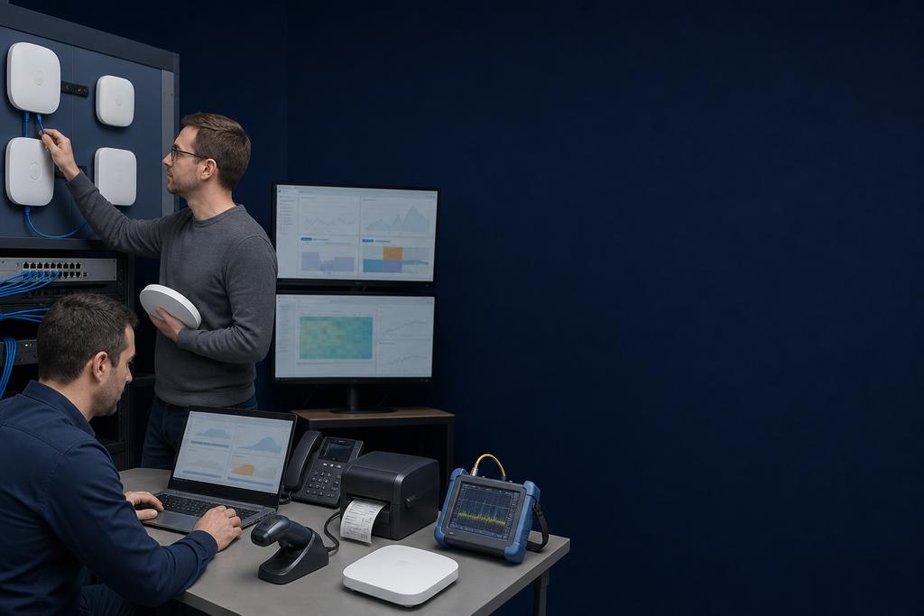 Illustratieve netwerkspecialisten die veilige apparaattoegang, certificaten, RADIUS, DHCP, DNS en eerste applicatiegebruik optimaliseren