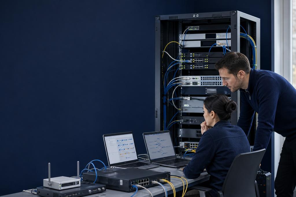 Illustratieve netwerk- en cloudspecialisten die een SD-WAN-route- of sjablooncorrectie via een canary en kleine vestigingsringen uitrollen