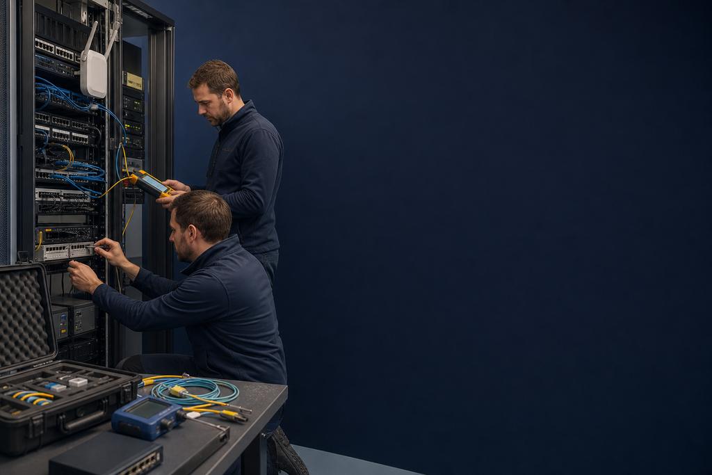 Illustratieve netwerk- en productiespecialisten die een industriële switch en gateway buiten de actieve lijn repareren en testen