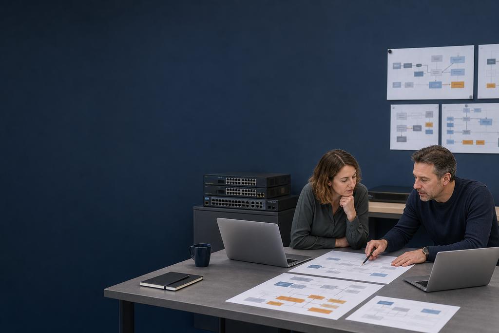 Illustratieve netwerkarchitect en securityspecialist die gebruikers, apparaten, applicaties, gegevensstromen, trustzones, firewallregels en een segmentatiepilot ontwerpen