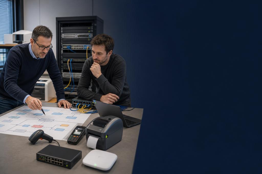 Illustratieve netwerkarchitect en ICT-beheerder die werkplekken, WiFi, printers, applicaties en beheer in veilige netwerkzones indelen