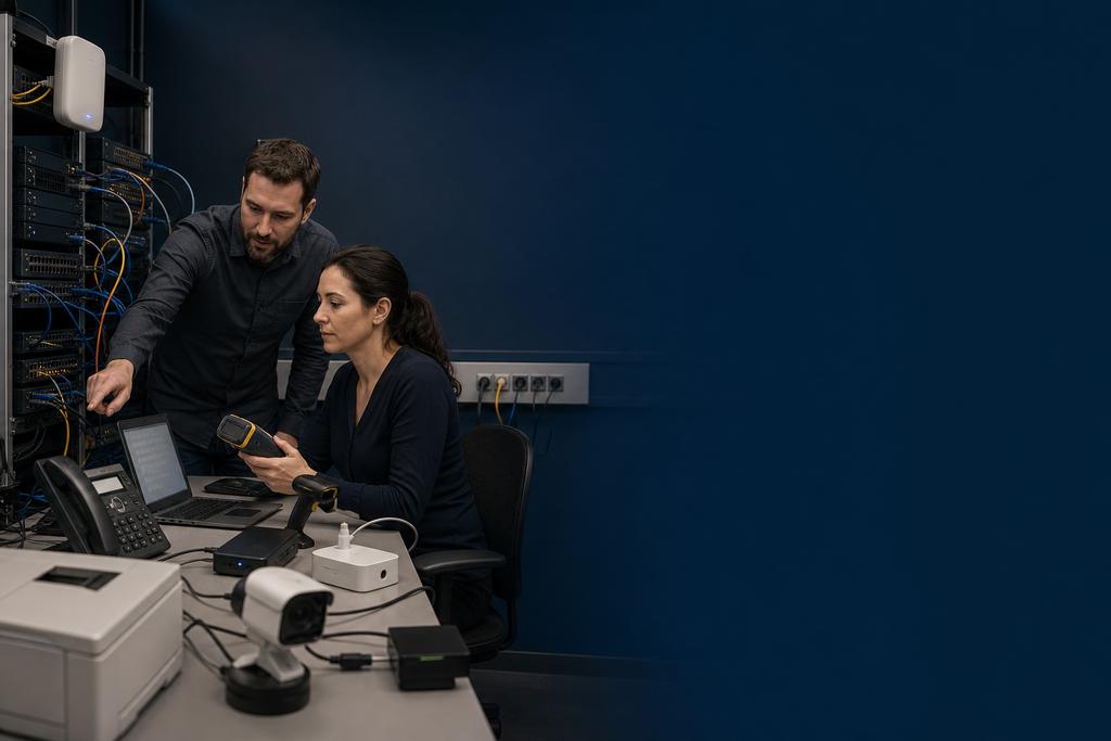 Illustratieve switch- en securityspecialisten die managementnetwerken, persoonlijke beheeraccounts, rollen, logging, configuratiearchieven en herstel van switches testen