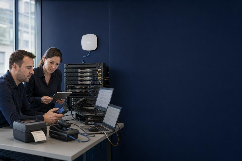 Illustratieve switchengineer en werkplekspecialist die PoE-accesspoints, laptops, scanner- en printerpoorten, VLANs, uplinks en een bedrijfsapplicatie testen