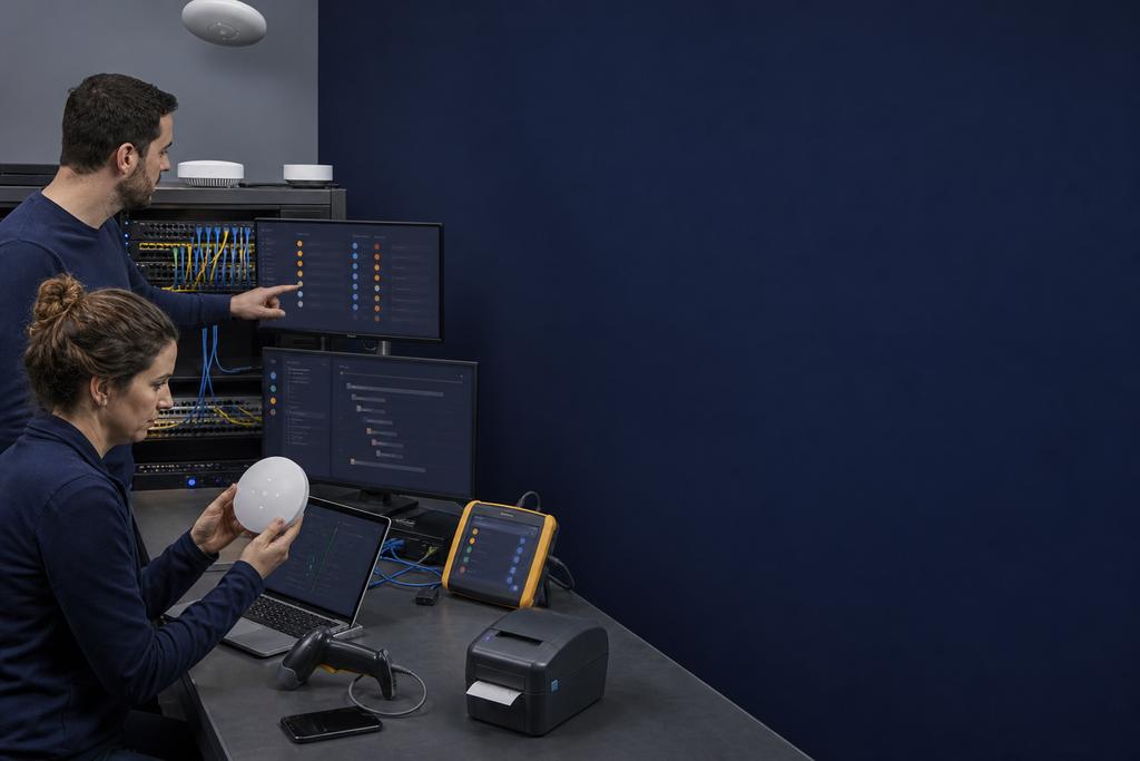 Illustratieve WiFi- en accessspecialisten die roaming, aanmelding, PoE en een verbroken zakelijke clientsessie onderzoeken