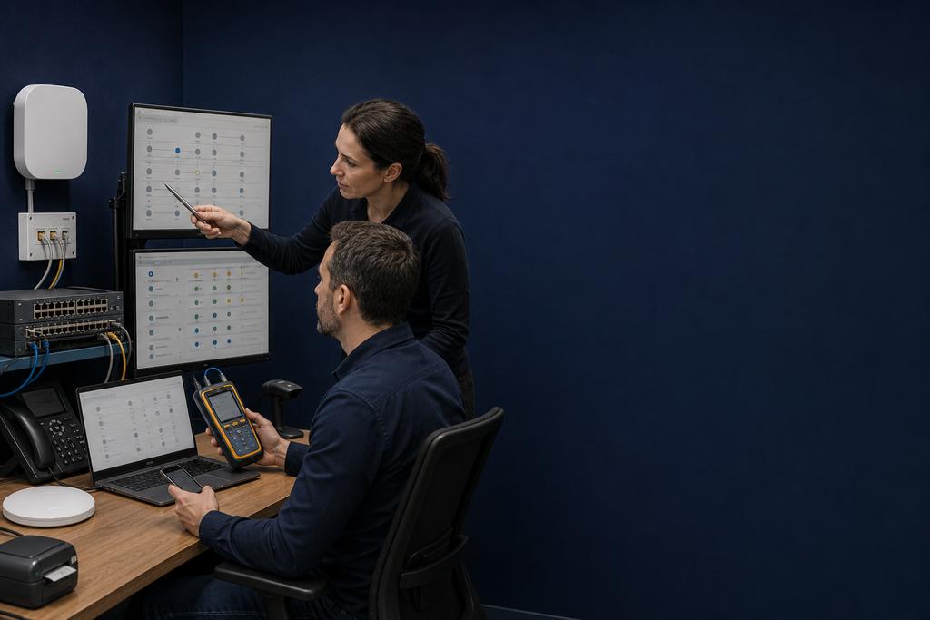 Bereikbaarheidsproblemen in beeld: WiFi- en netwerkspecialisten die scanner, printer, werkplek, netwerkroute en order- of planningsapplicatie testen