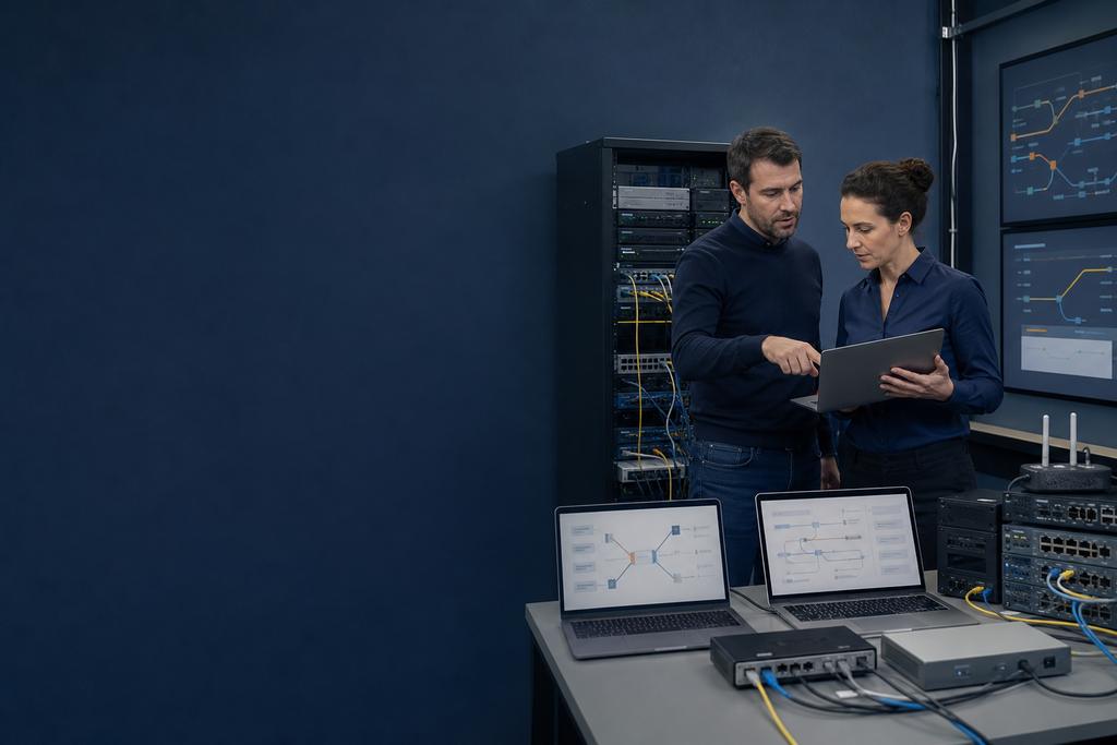 Bereikbaarheidsproblemen in beeld: netwerk- en beveiligingsspecialisten die online portaal, beveiligde route, applicatie, API en databaseverbinding controleren