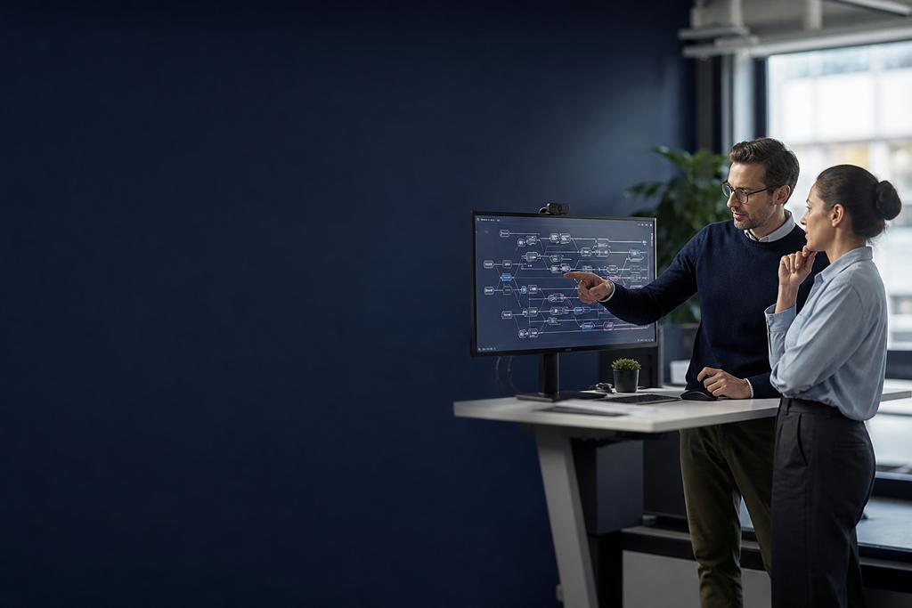 Illustratieve softwareconsultant en proceseigenaar die procesoptimalisatie met software en echte procesroutes beoordelen