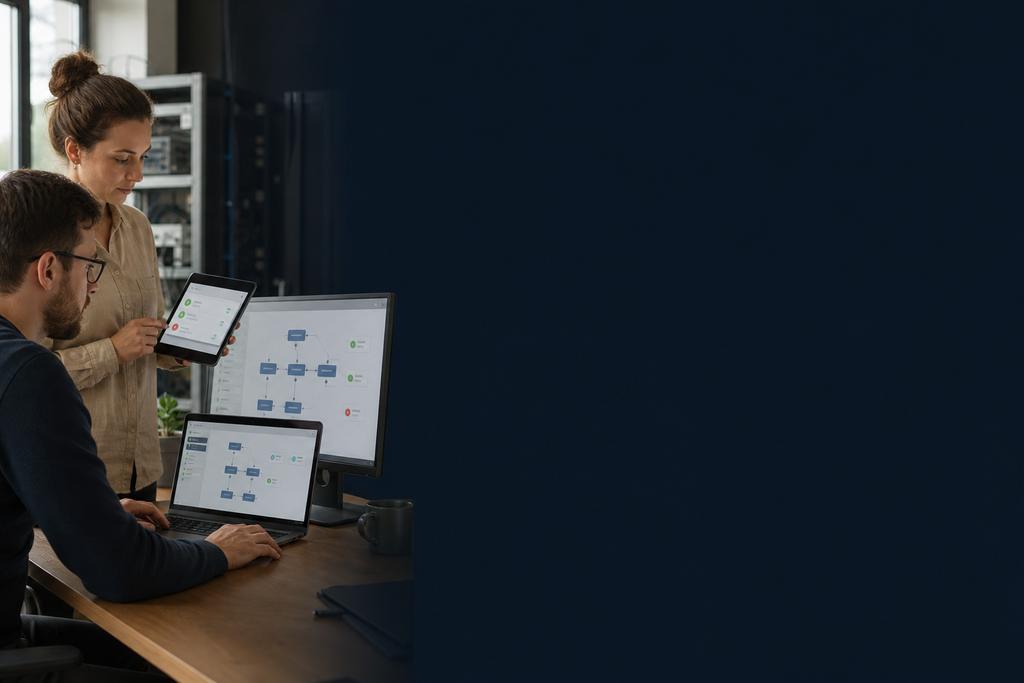 Illustratieve automation engineer en proceseigenaar die documentrouting, review en uitzonderingen in een workflow testen