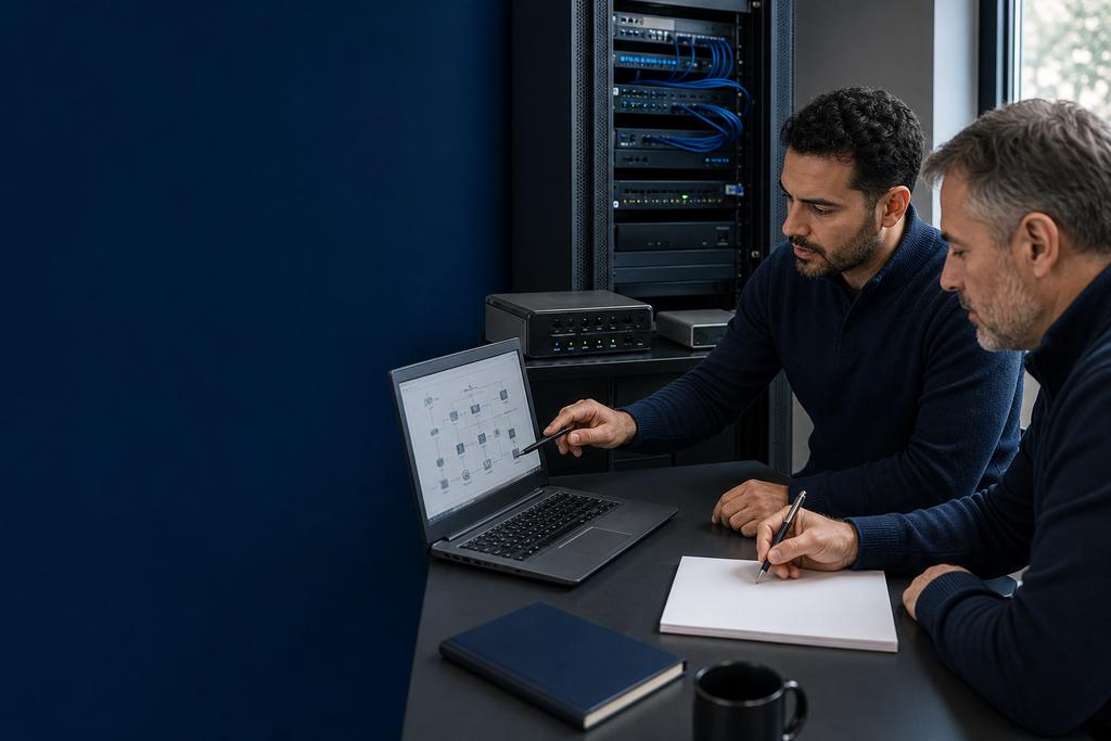 Illustratieve ICT- en securityspecialisten die bedrijfsrisico, systemen, maatregelen, eigenaren en voortgang samen bespreken