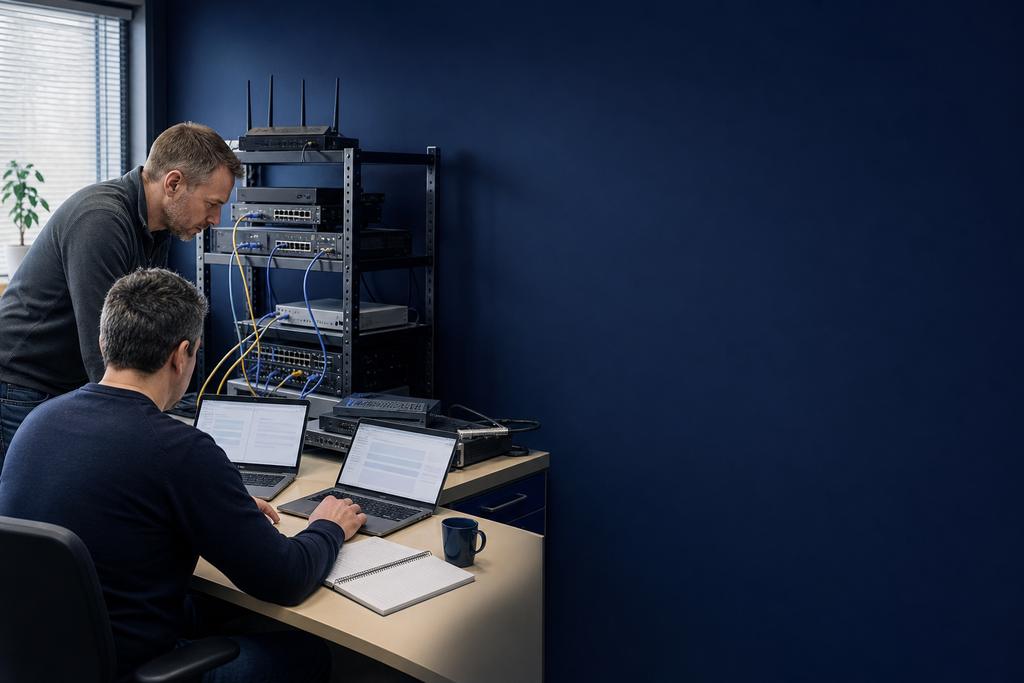 Illustratieve netwerkengineers die oude routerfirmware, configuratie, console, licentie en reservehardware beheren