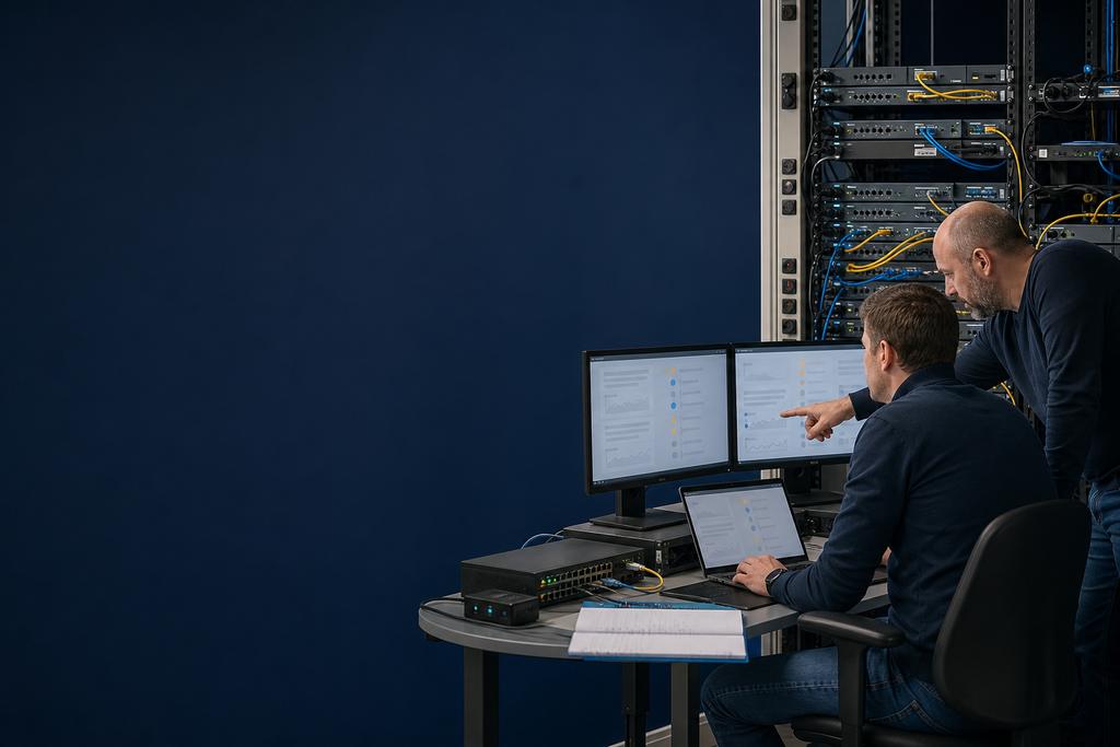 Illustratieve routerbeheerders die zakelijke routers, lijnen, configuratie, monitoring en back-ups controleren