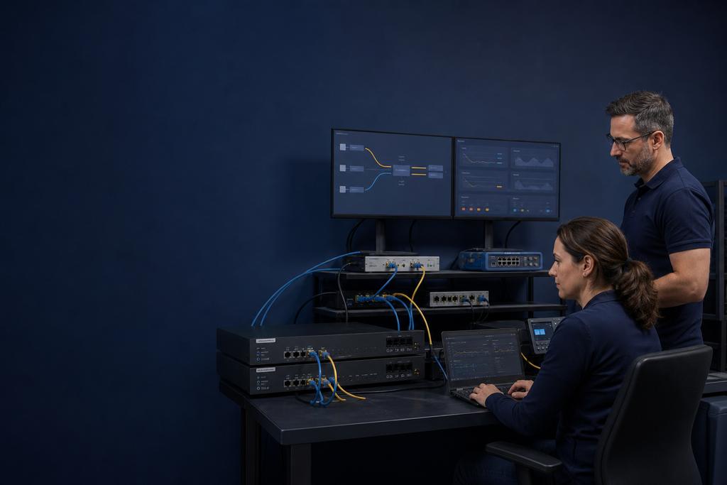Illustratieve security- en netwerkbeheerder die routeraccounts, beheerroute, logging en noodtoegang controleren