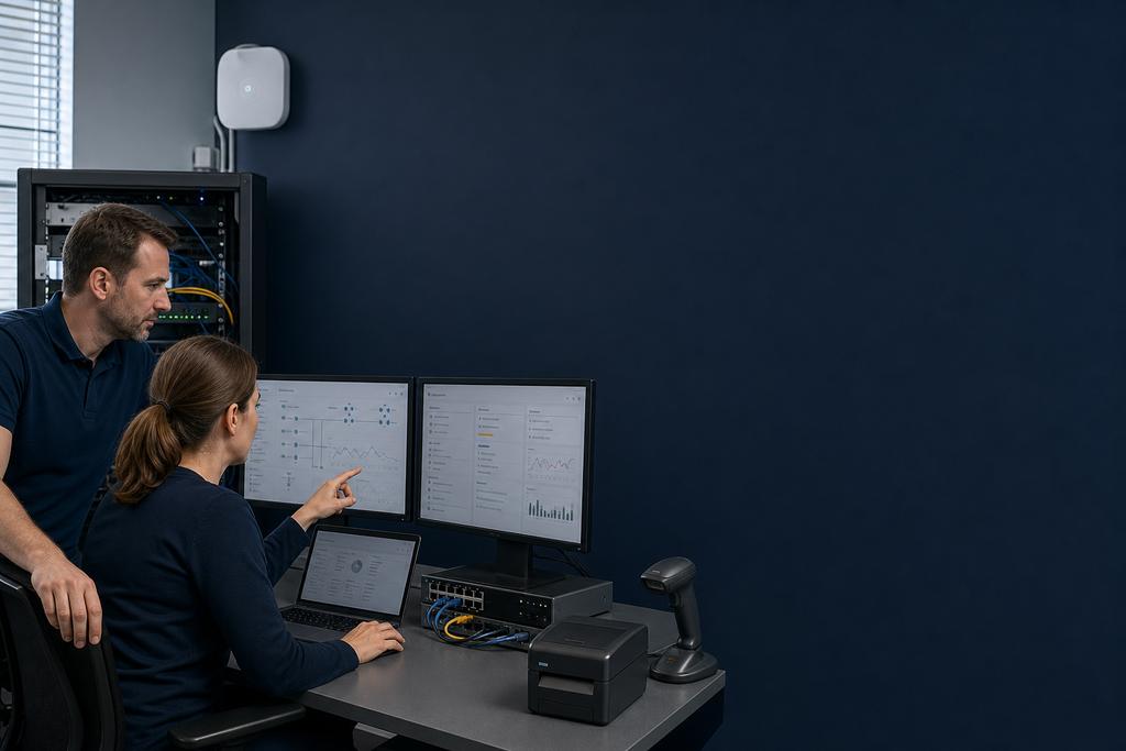 Illustratieve routerspecialisten die routes voor WiFi, scanners, printers en werkplekken beheren en testen