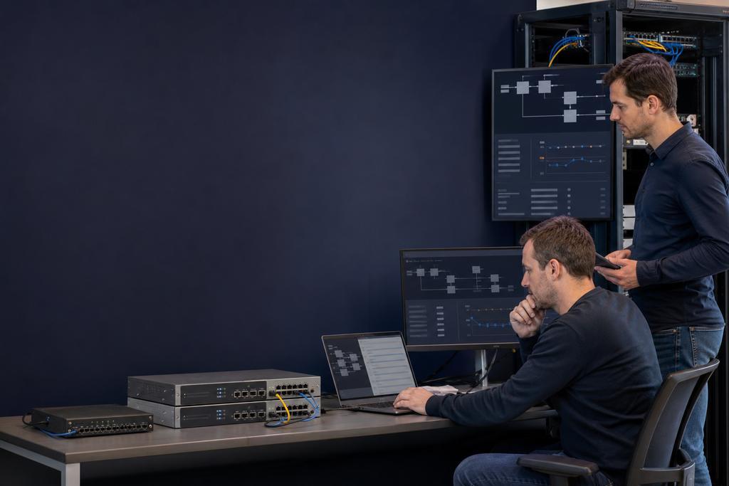 Illustratieve netwerkengineers die zakelijke routerconfiguratie, routes, netwerkzones, VPN, tests en terugweg controleren