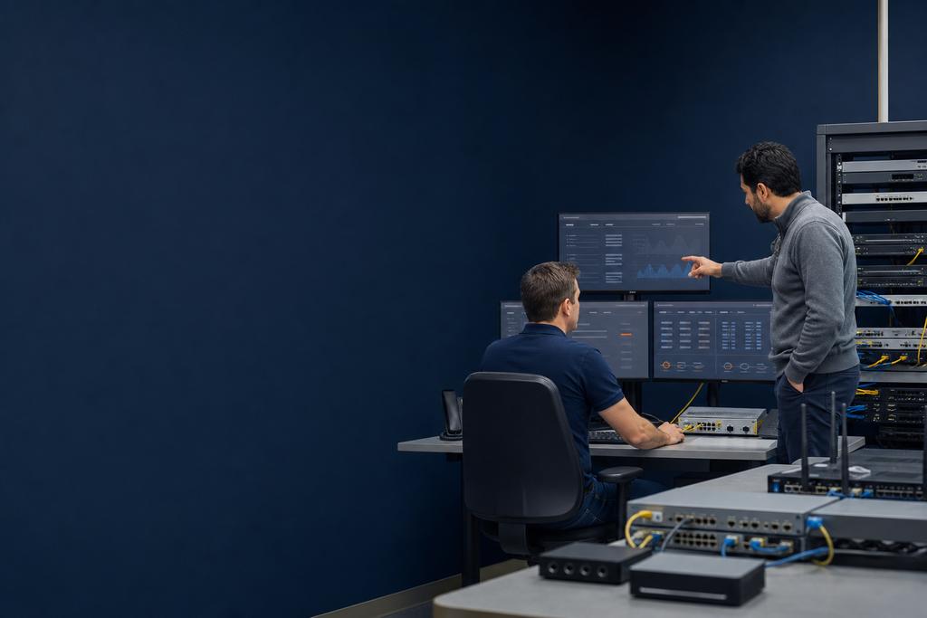 Illustratieve netwerk- en securityengineers die routerconfiguratie voor NAT, firewall en een gepubliceerde bedrijfsdienst valideren