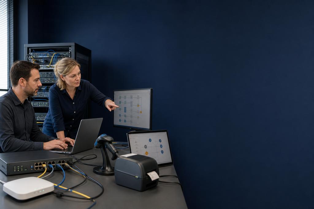 Illustratieve routerspecialisten die verbindingen voor scanners, printers en werkplekken configureren en testen