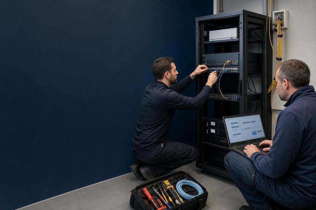 Illustratieve netwerkengineers die een zakelijke router installeren, aansluiten, activeren, testen en voor beheer opleveren