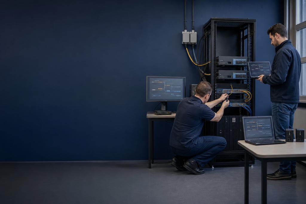 Illustratieve netwerkspecialisten die een router installeren en telefonie, bedrijfsverkeer, capaciteit en piekbelasting testen