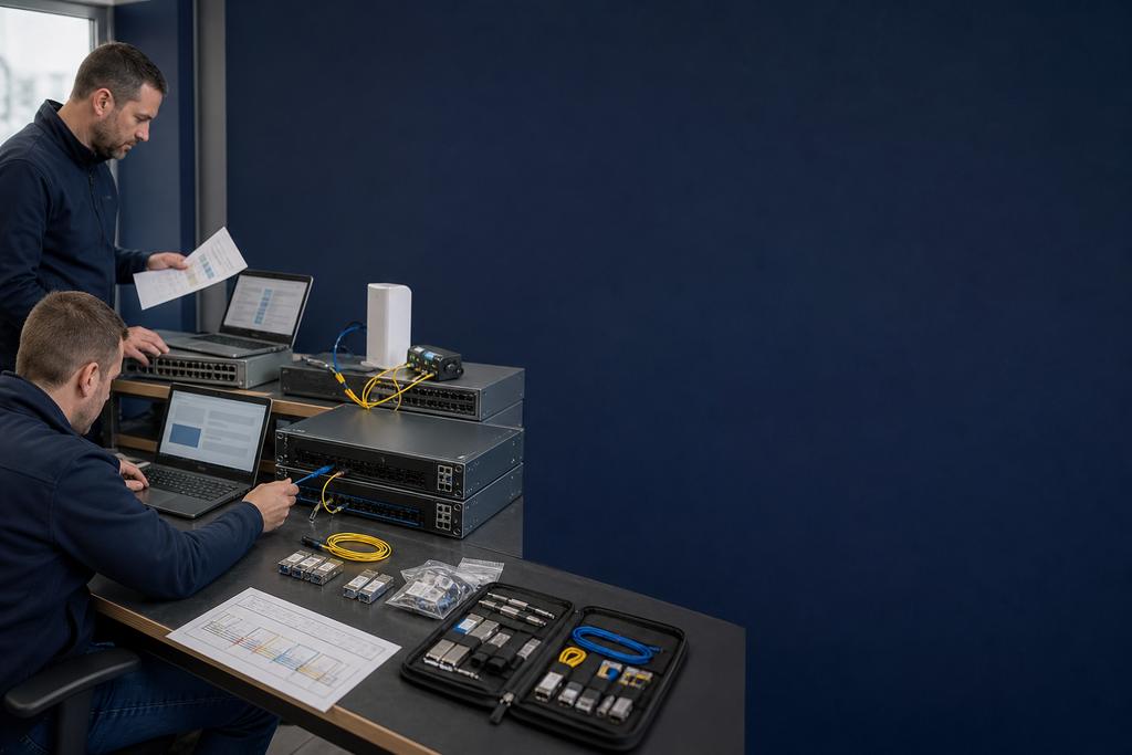 Illustratieve netwerkengineers die routerhardware, firmware, modules, licenties en de voorbereide installatie testen
