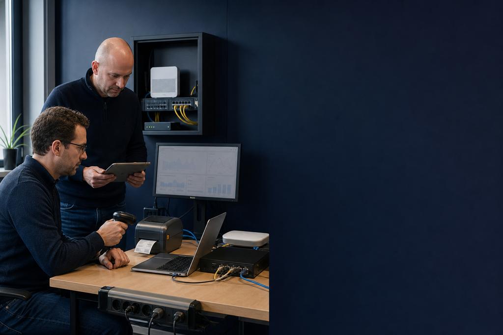Illustratieve routerinstallateurs die verbindingen voor scanners, printers, werkplekken en accesspoints testen