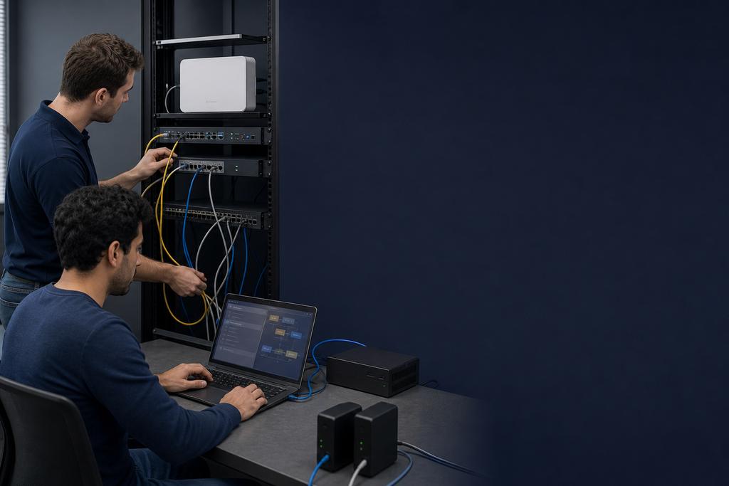 Illustratieve netwerkspecialisten die een router instellen achter zakelijke WiFi voor medewerkers, gasten en beheer