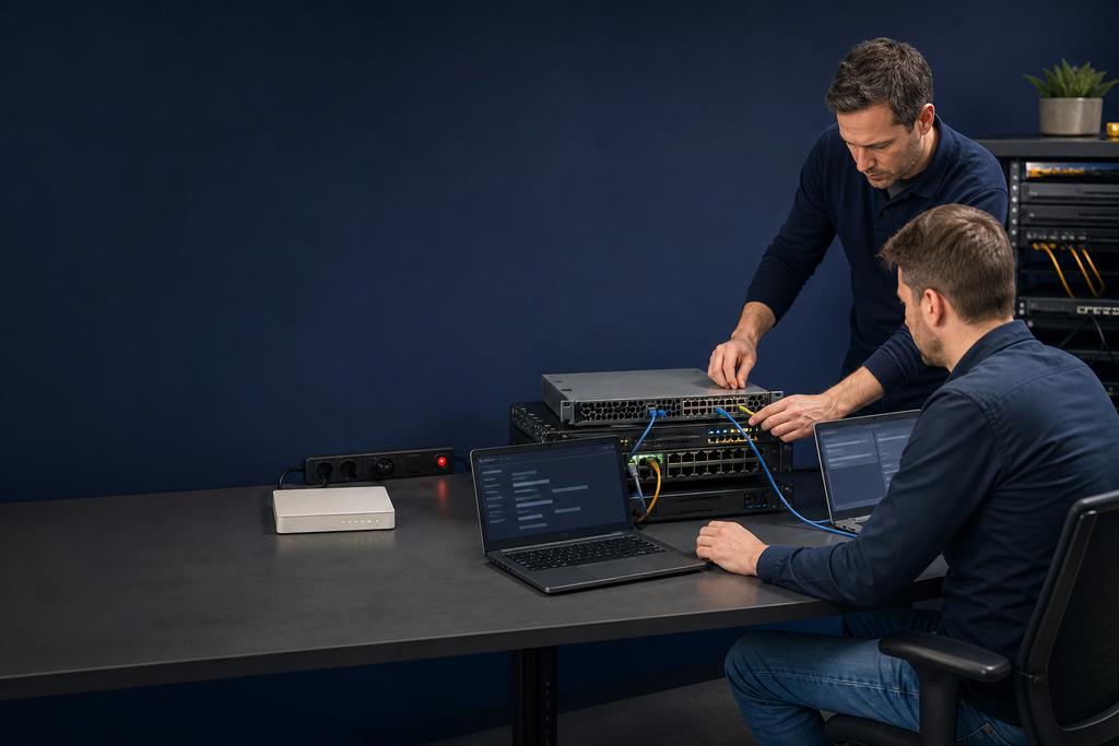 Illustratieve netwerkengineers die een zakelijke router instellen voor provider, netwerk, firewall, VPN en monitoring