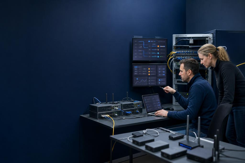 Illustratieve netwerkspecialisten die een router instellen voor SD-WAN, vestigingsroutes, centrale beveiliging en uitwijk