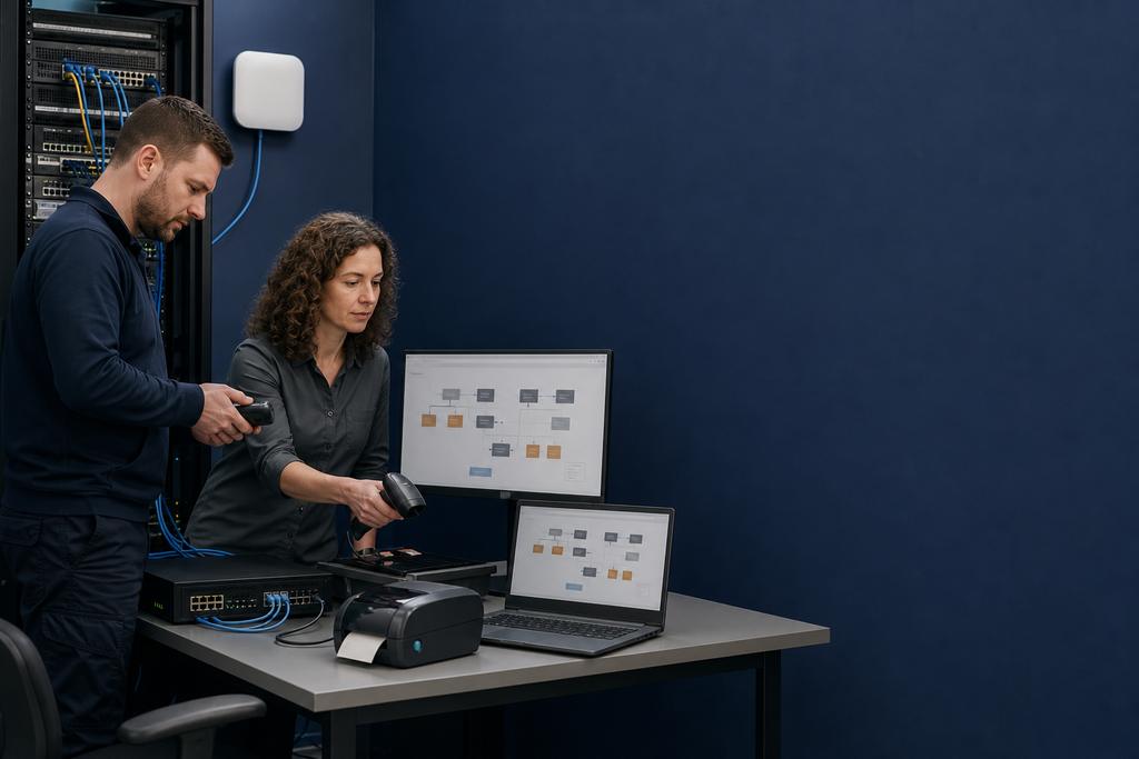 Illustratieve routerspecialisten die verbindingen voor scanners, printers, werkplekken en accesspoints instellen