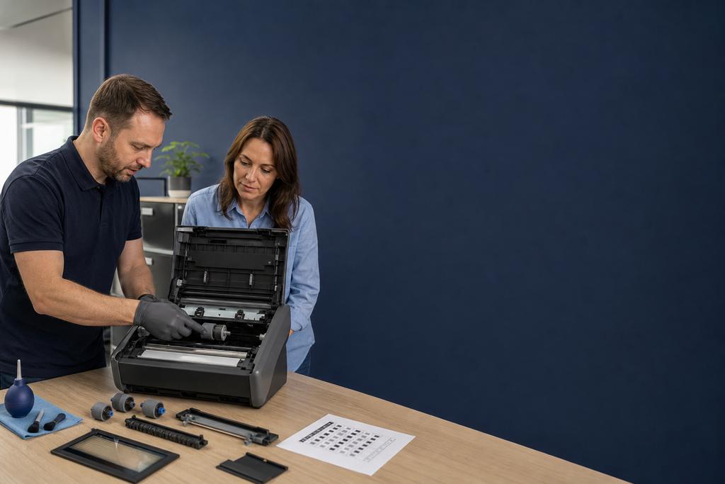 Illustratieve scannertechnicus en documentmedewerker die invoerrollen, papierscheiding, glas en sensoren van een documentscanner inspecteren
