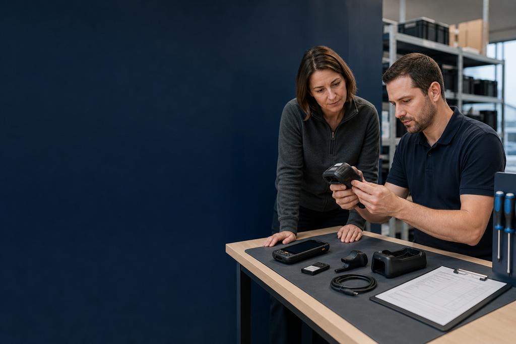Illustratieve scannertechnicus en operationsmedewerker die een handheld scanner, batterij, scanvenster en laadstation op een werkbank controleren