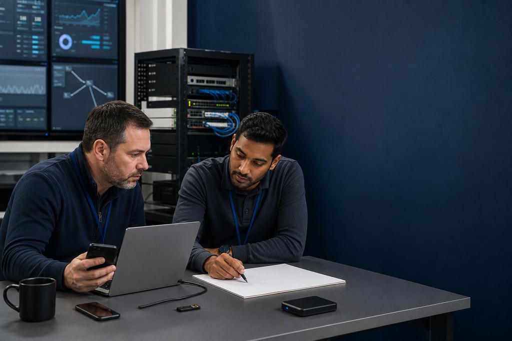 Illustratieve securityspecialisten die Microsoft 365-aanmeldingen, Entra ID, apparaten, beheerdersrollen en apprechten onderzoeken
