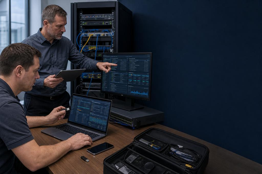 Illustratieve software- en securityauditors die repository, componenten, build, configuratie, productieversie, logging en rollback vergelijken