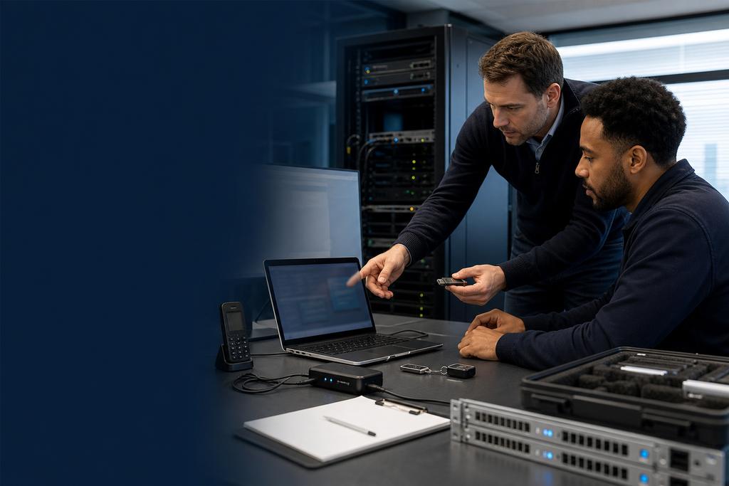 Illustratieve ICT-securitytrainer en engineer die tijdelijke beheerrechten, hardware keys, veilige softwarewijziging en toegangsintrekking oefenen