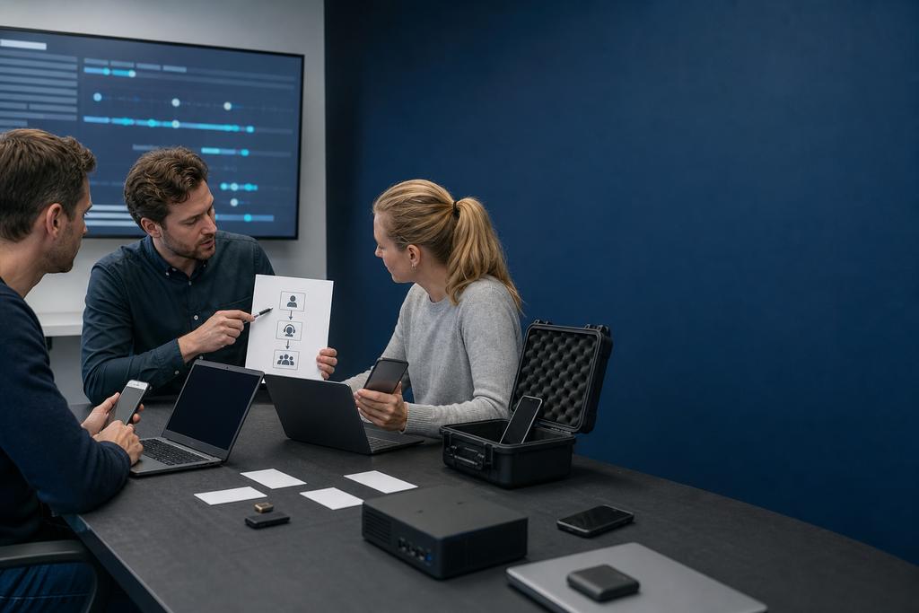 Illustratieve securityfacilitator en medewerkers die met beheerde laptops en testtelefoons een rolgerichte meld- en incidentoefening uitvoeren